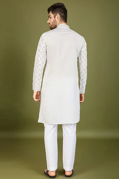 Designer White Viscose Silk Men's Kurta – Elegant Wedding Attire