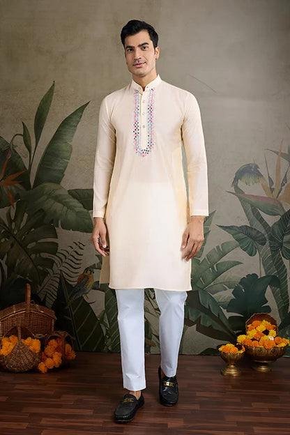 Festive Wear Off White Silk Kurta With Jacquard Koti