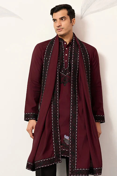 Vibrant Maroon Festive Kurta With Dupatta Set For Groom's Tribe