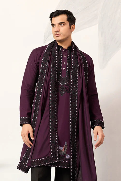 Purple Wedding Special Kurta With Dupatta For Mens Wear