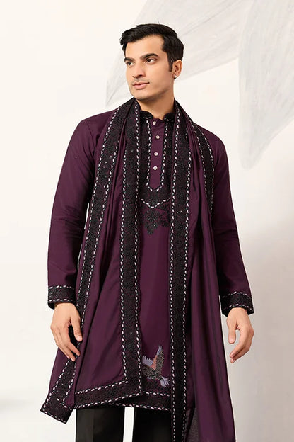 Purple Wedding Special Kurta With Dupatta For Mens Wear