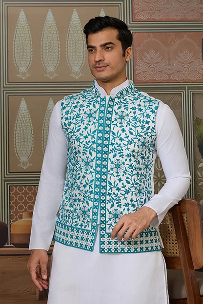 Traditional White Kurta with Teal Green Koti for Men