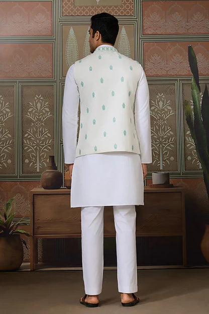 Wedding White Kurta Pajama with Green Koti Style