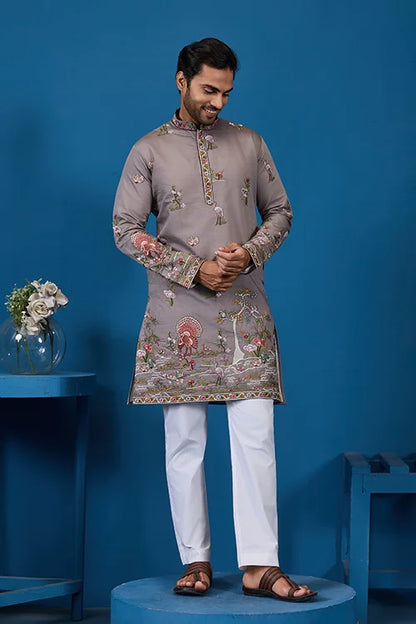 Classy Grey Embroidered Mens Kurta for Wedding Events