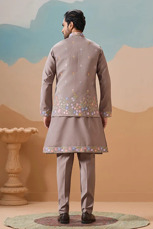 Elegant Grey Embroidered Koti Kurta Pant for Mens