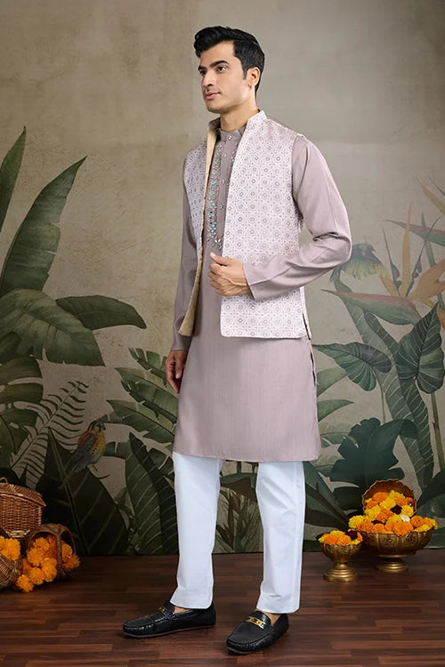 Ivory Roman Silk Kurta With Jacquard Open Koti Set