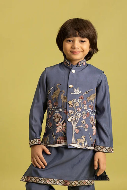 Wedding Special Kids Blue Grey Koti Kurta Outfit