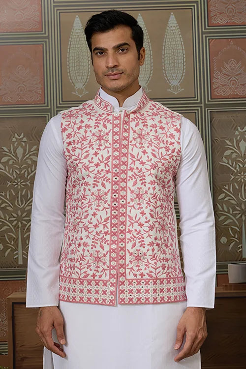 Wedding Pink Koti with White Kurta Pajama Set