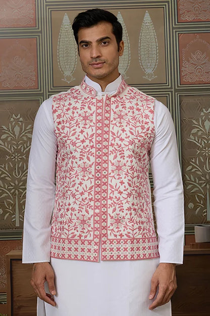 Wedding Pink Koti with White Kurta Pajama Set