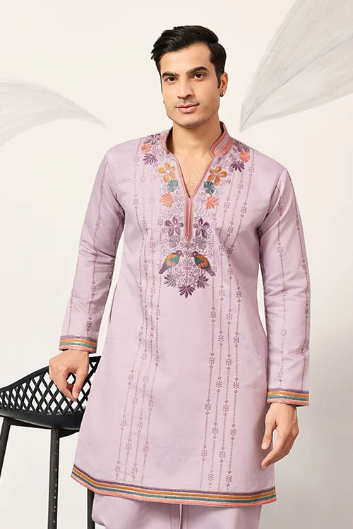 Royal Look Lavender V Neck Kurta Pant For Mens Wear