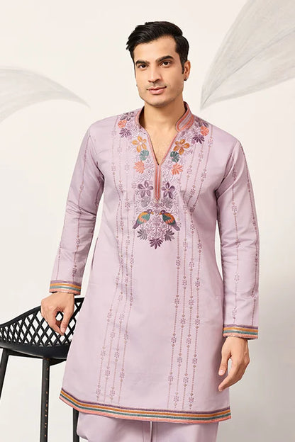 Royal Look Lavender V Neck Kurta Pant For Mens Wear
