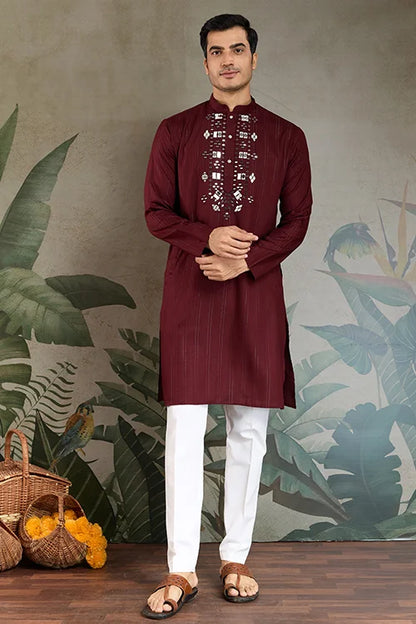 Traditional Maroon Mirror Embroidered Kurta with Dupatta