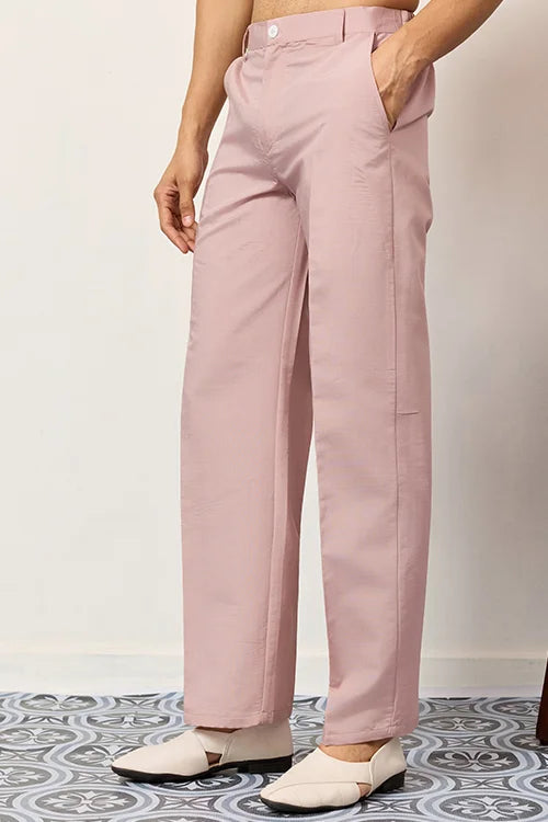 Classic Pink Embroidered V Neck Kurta Pant Outfit For Mens Wear