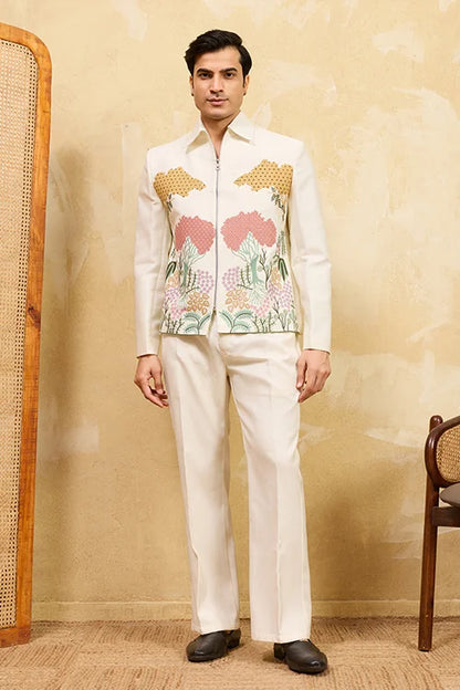 White Velvet Embroidered Bomber Jacket With Pant For Mens Wear