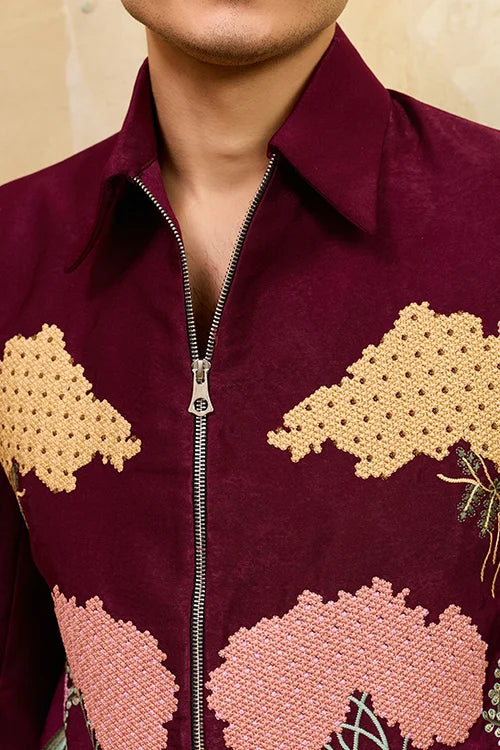 Wedding Special Maroon Velvet Bomber Jacket Set For Mens Wear