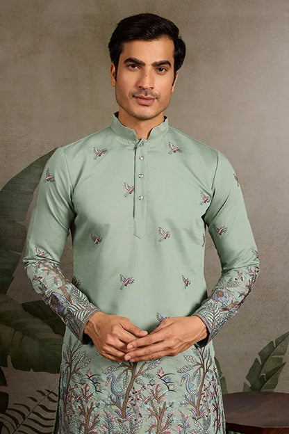 Embroidered Pista Green Wedding Kurta for Mens