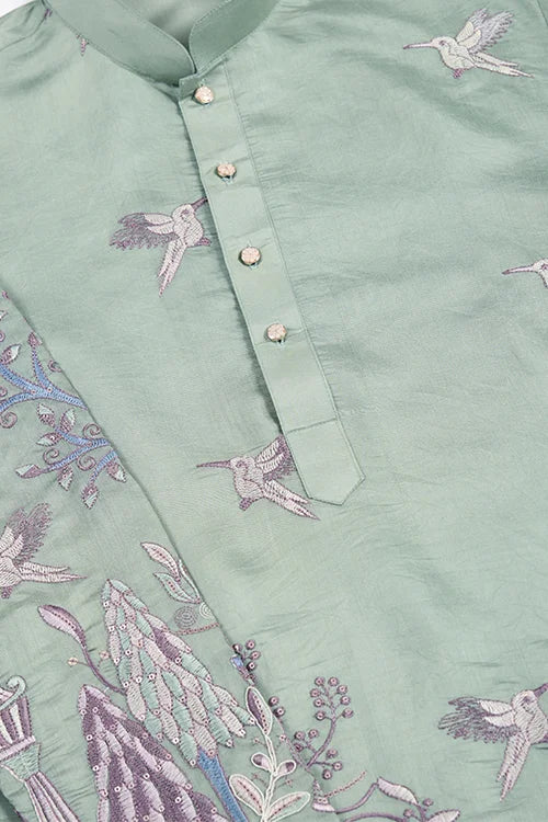 Designer Pista Green Viscose Silk Fancy Kurtas For Men