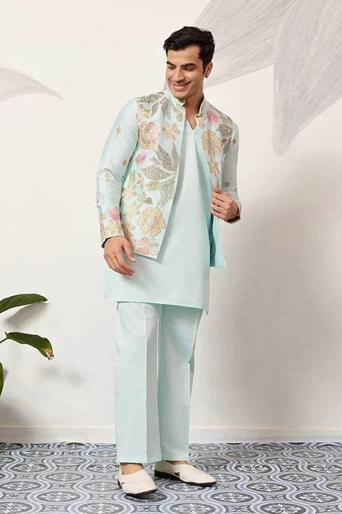 Luxury Wedding & Carnival Wear Pista Green Koti Kurta For Men