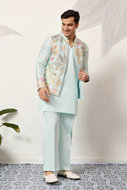 Luxury Wedding & Carnival Wear Pista Green Koti Kurta For Men