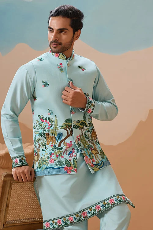 Stylish Sky Color Mens Koti Kurta Set Collection