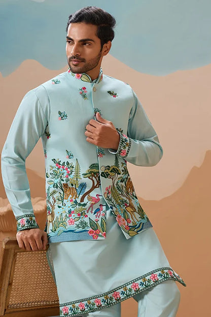 Stylish Sky Color Mens Koti Kurta Set Collection