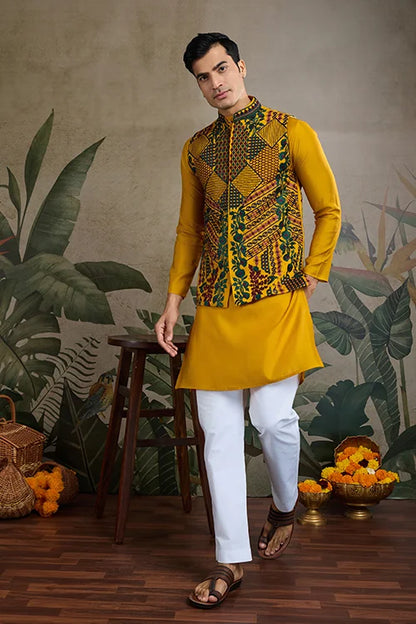 Indian Ethnic Wear Designer Yellow Kurta Koti Jacket