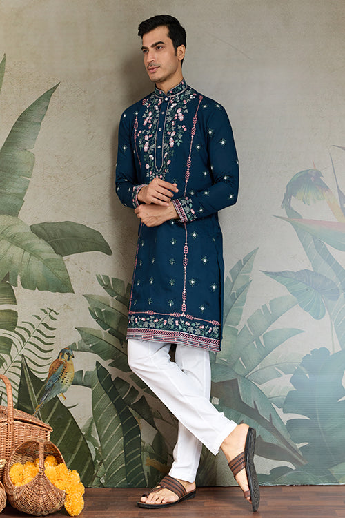 Wedding Special Teal Blue Embroidered Silk Kurta