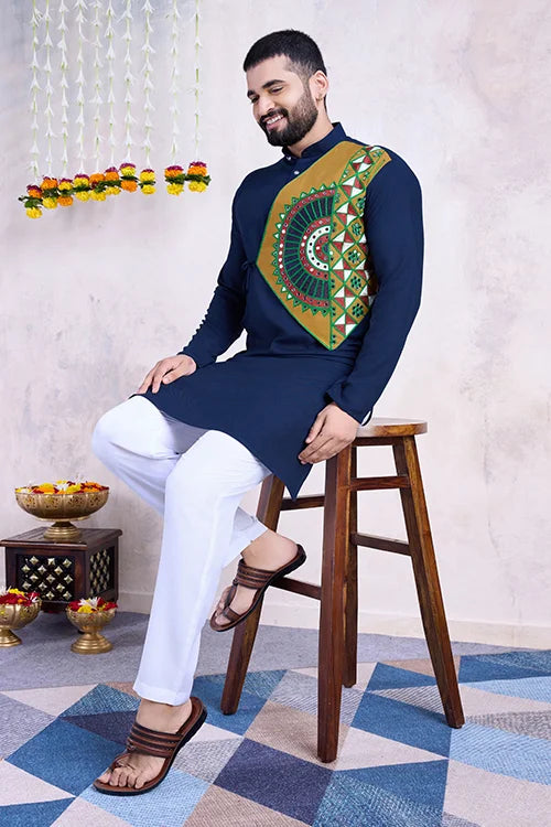 Navy Color Ready To Wear Traditional Kurta For Mens Wear
