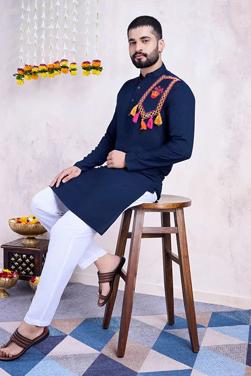 Navy Embroidered Men's Kurta - Formal Wear