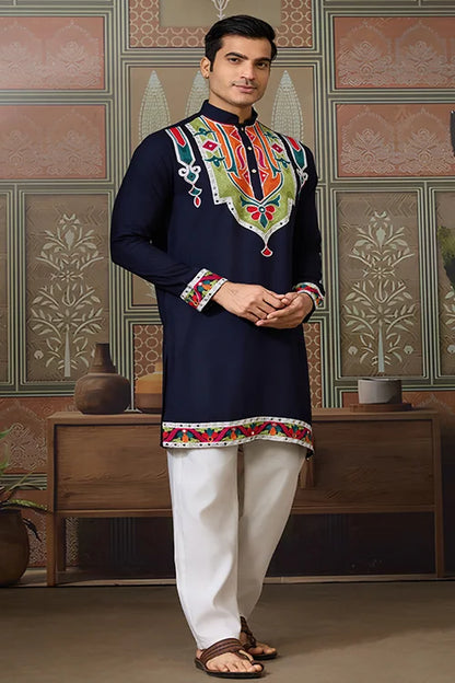 Navy Blue Embroidered Festival Wear Kurta for Men