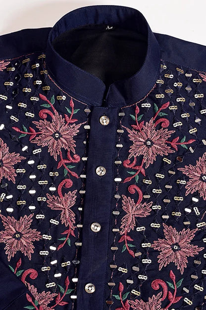 Wedding Special Navy Blue Embroidered Mens Kurta Set