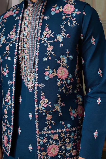 Modern Teal Blue Open Koti Kurta Set for Men