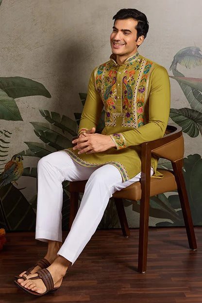 Festive Wear Flourescent Green Embroidered Kurta for Men