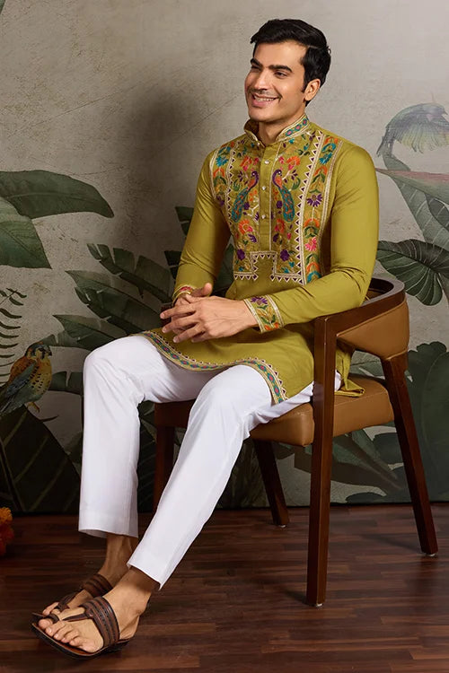 Festive Wear Flourescent Green Embroidered Kurta for Men