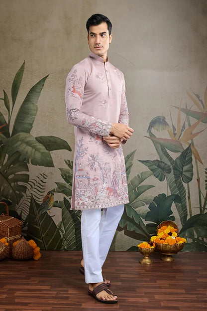 Designer Peach Silk Kurta For Men