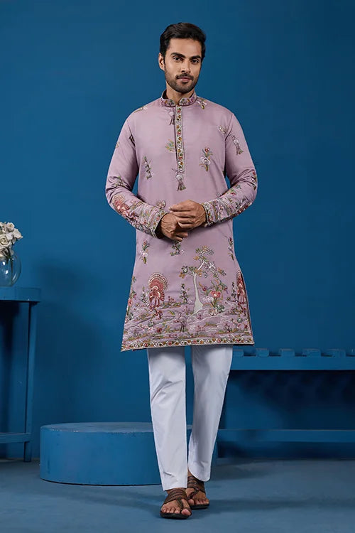 Heavy Embroidered Dusty Pink Kurta for Men