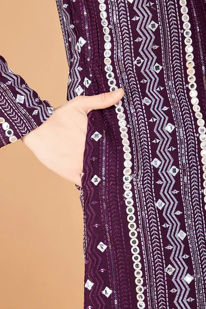Purple Sequence With Mirror Foil Embroidered Mens Wear Kurta