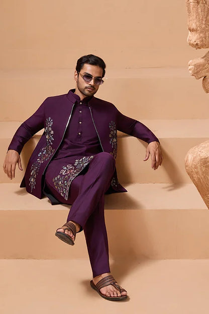 Vibrant Purple Color Koti Kurta Set Pair for Men Collection