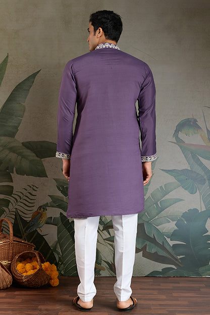 Pastel Purple Embroidered Viscose Silk Kurta Set