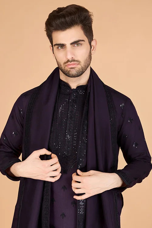 Stylish Purple Kurta For Men With Thread Work Design