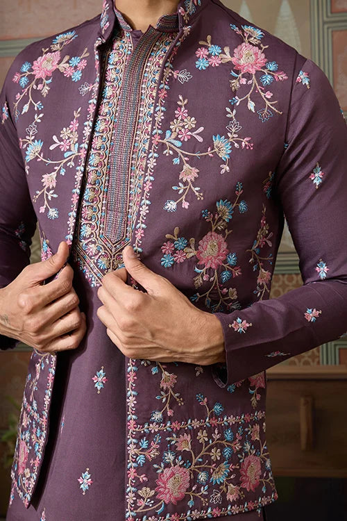Dusty Purple Wedding Kurta with Matching Koti Set for men