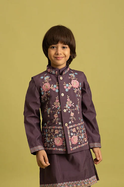 Premium Purple Kids Koti Kurta Pajama Set for Wedding Style