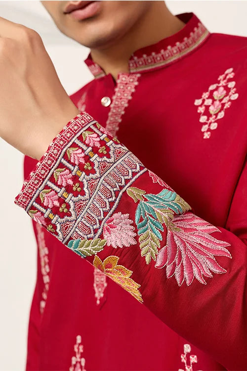 Unique Style Red Color Embroidered Kurta For Mens Wear