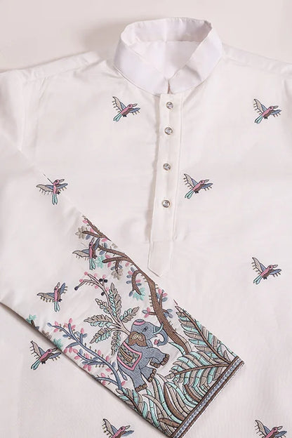 White Embroidered Work Kurta for Groom Wedding Look