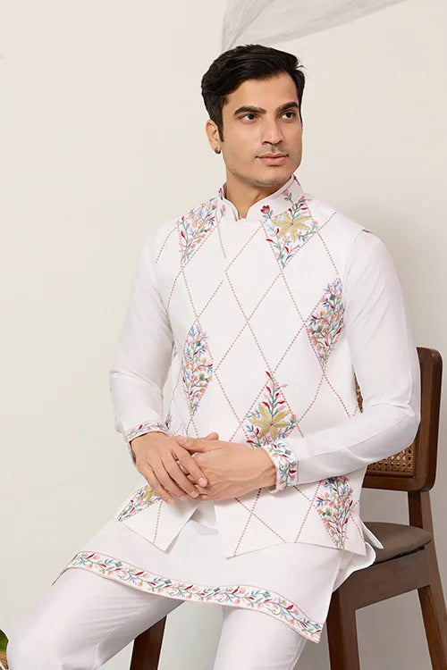 Elegant Wedding Special White Koti Kurta Pajama Set