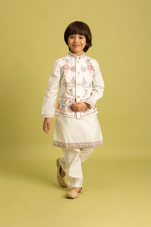 Traditional Wear White Koti Kurta Pajama for Boys Wear