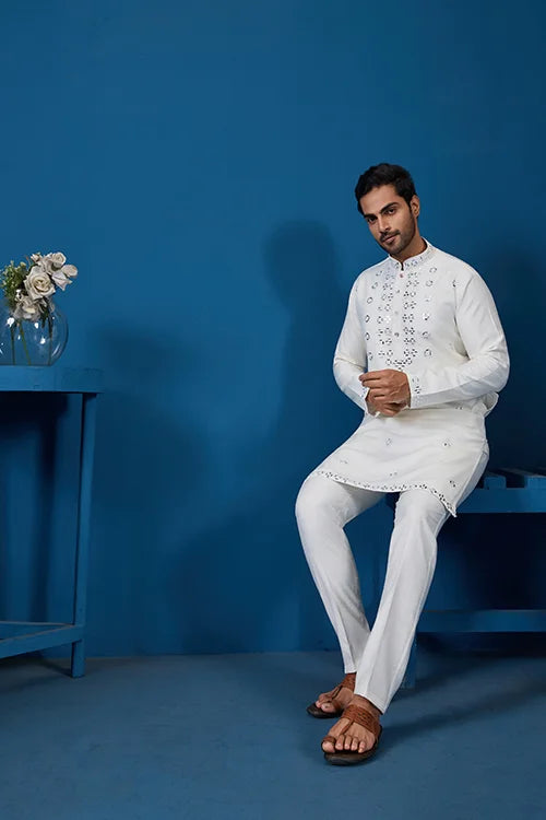 White Real Mirror Work Kurta Pant Set For Mens Wear