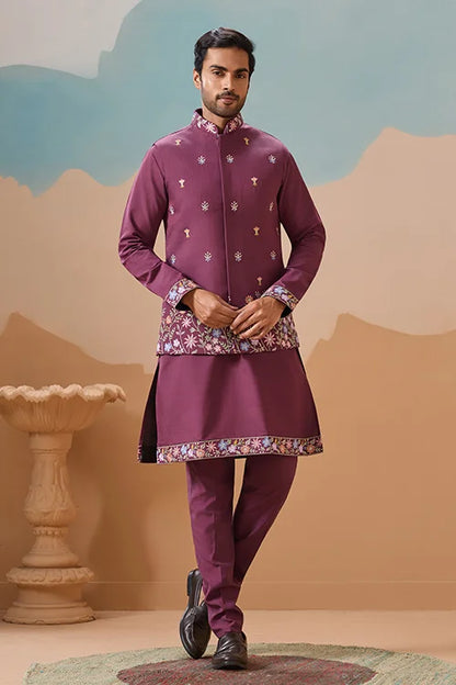 Dusty Color Embroidered Koti Kurta with Pant for Mens
