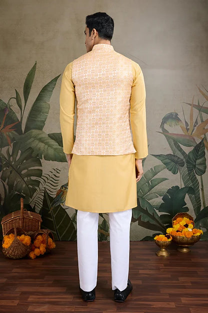Yellow Roman Silk Kurta With Jacquard Koti Jacket