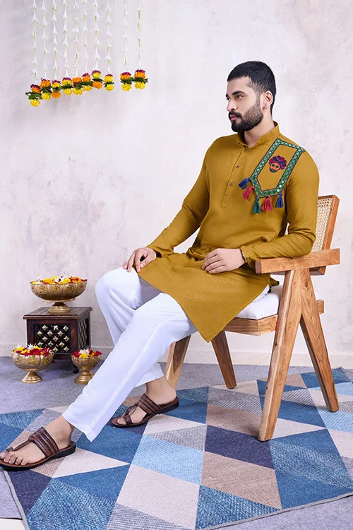 Beautiful Yellow Rayon Navratri Men's Kurta With Mirror Work